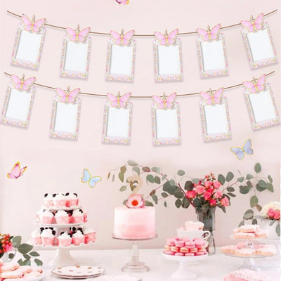 1st Butterfly Birthday Photo Banner Garland 12 Months Photo Frame Banner 1st Baby Girl 1 One Year Birthday Supplies