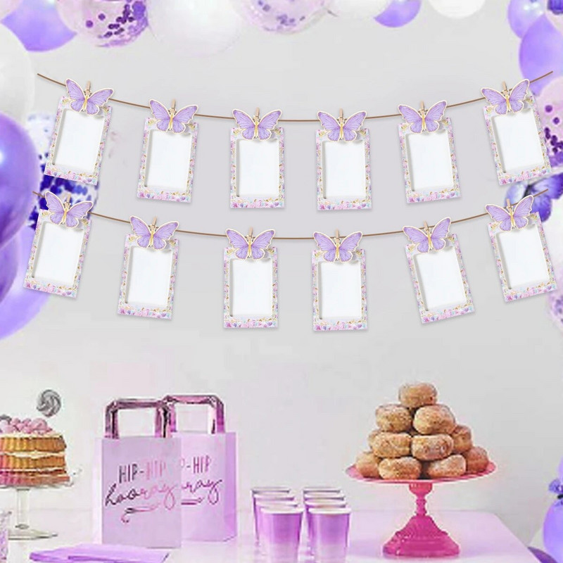 1-ojo drugelio gimtadienio nuotraukų reklamjuostė girlianda, 12 mėnesių nuotraukų rėmelis