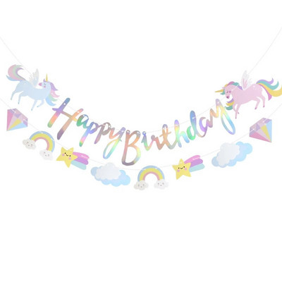 Еднорог парти банер Честит рожден ден Хартиен гирлянд овесарка за еднорог Тема Деца 1st Baby Shower Birthday Party Decor Hang Flag