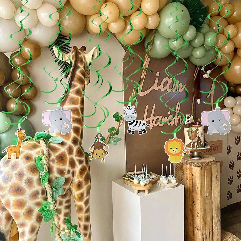 6/10/12 vnt Vienaragio gimtadienio papuošimai Spiralinė reklamjuostė Džiunglių Safari Gyvūnų sūkurys pakabukas Vaikų gimtadienio vakarėlio dekoras Kūdikių dušas
