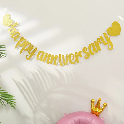 1db Happy Anniversary csillogó zászló banner évforduló esküvői party dekoráció húzza virágok.