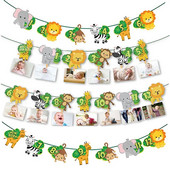 Банер със снимка за рожден ден на животно в джунглата, Деца за една година, 1-ви рожден ден, Гирлянд за снимка на слон Jungle Safari Консумативи за рожден ден Babyshower