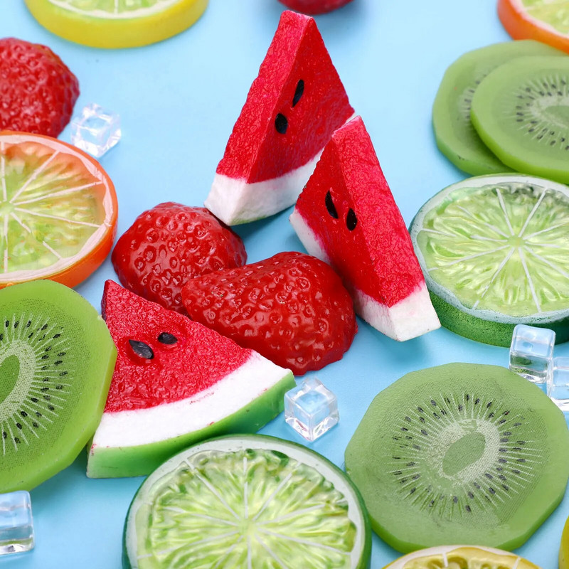 Umelé ovocie z mäkkého PVC, krásny zelený citrón, jahody, melón, kiwi, simulácia ľadových kociek, bytové dekorácie, ozdoby.