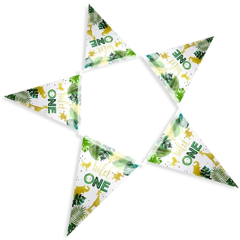 1 strunový banner Wild One Gold Jungle Safari, trojuholníkový banner z juty, trojuholníkové vlajky, detská oslava na 1. narodeniny
