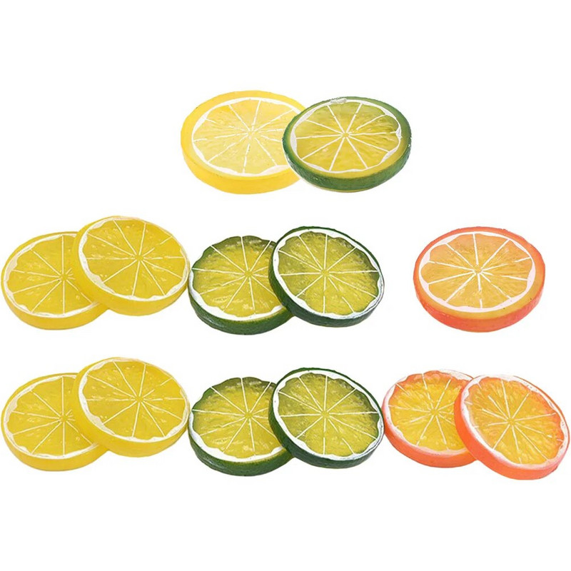 13 gab. Citronskābe Mākslīgie citroni Plastmasas šķēles Laimi Viltus virtuves Fotorekvizīti PVC Mākslīgā Ornamenta Modelis
