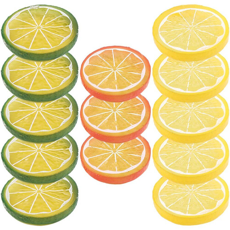 13 gab. Citronskābe Mākslīgie citroni Plastmasas šķēles Laimi Viltus virtuves Fotorekvizīti PVC Mākslīgā Ornamenta Modelis