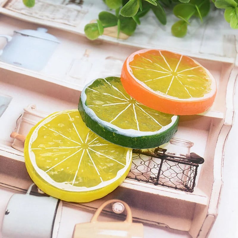 13 gab. Citronskābe Mākslīgie citroni Plastmasas šķēles Laimi Viltus virtuves Fotorekvizīti PVC Mākslīgā Ornamenta Modelis