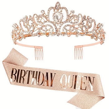 Bling Rhinestone Crystal Crown Tiara Birthday Girl Queen Sash and Crown για γυναίκες Κιτ διακόσμησης για πάρτι γενεθλίων