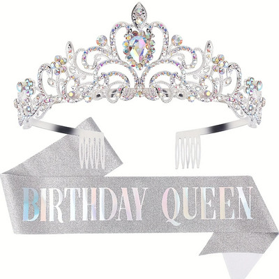 Bling Rhinestone Crystal Crown Tiara Birthday Girl Queen Sash and Crown за жени Комплект за украса за рожден ден