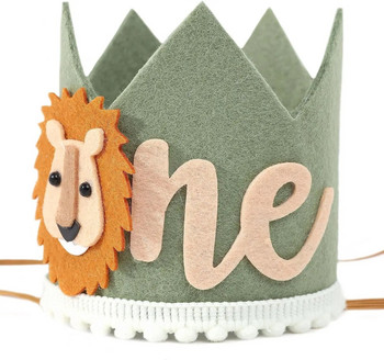 1 ΤΕΜ. 1st Kids Avocado Green Lion Birthday Crown First Baby Party White Non Woven Safari Animal Crown One Headwear Διακοσμήσεις