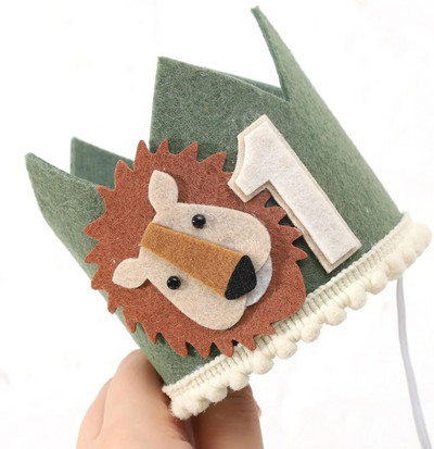 1 ΤΕΜ. 1st Kids Avocado Green Lion Birthday Crown First Baby Party White Non Woven Safari Animal Crown One Headwear Διακοσμήσεις