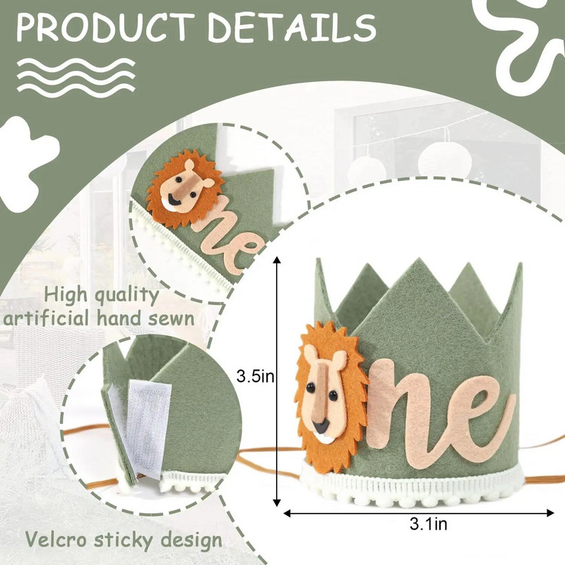 1 ks 1. detská avokádová zelená levia narodeninová koruna prvá detská párty biela netkaná safari zvieracia koruna jedna pokrývka hlavy dekorácie