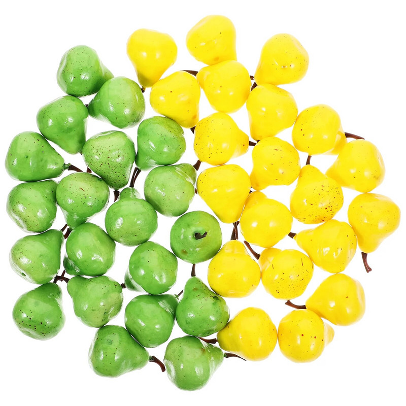 Imituotas vaisių ir daržovių modelio dekoratyvinių rekvizitų išdėstymas scenos darbalaukio putplasčio kriaušių fotografija