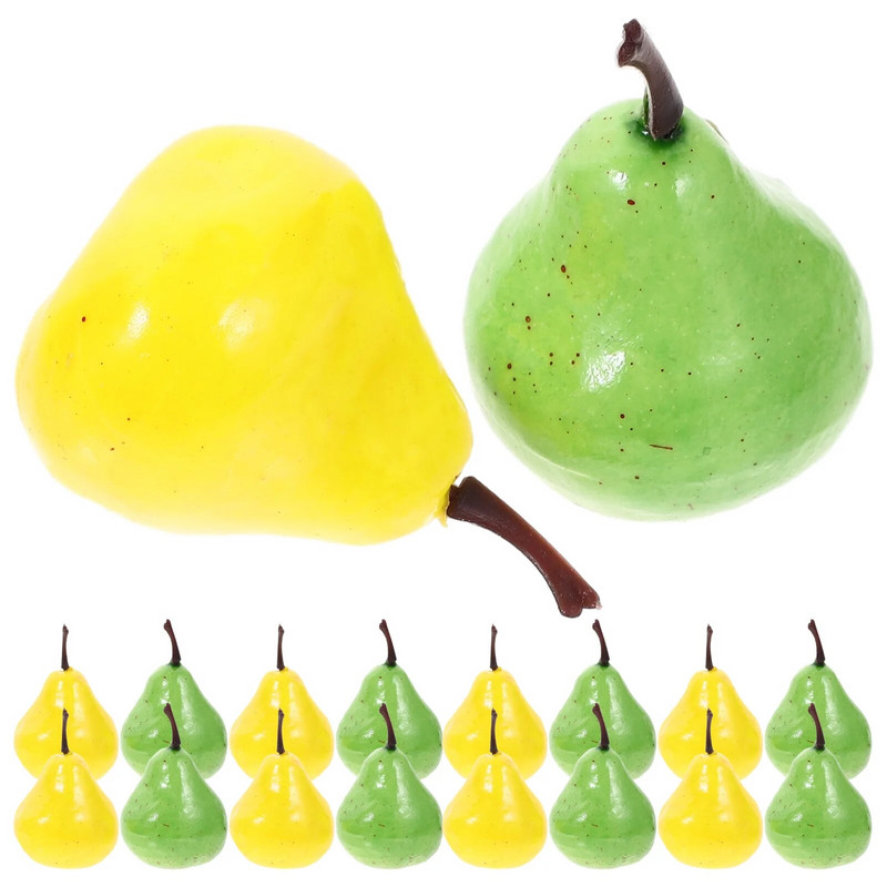 Imituotas vaisių ir daržovių modelio dekoratyvinių rekvizitų išdėstymas scenos darbalaukio putplasčio kriaušių fotografija