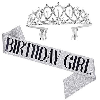 Bling Rhinestone Crystal Crown Tiara Birthday Anniversary Decoration Честит 18 21 30 40 50th Birthday Satin Sash Парти консумативи