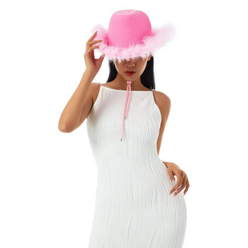 Καπέλο καουμπόη για πάρτι για γυναίκες Καπέλο καουμπόισσας με ροζ φτερό Boa αφράτο φτερό γείσο Μέγεθος για ενήλικες Καπέλο καουμπόι για παιχνίδι Στολή