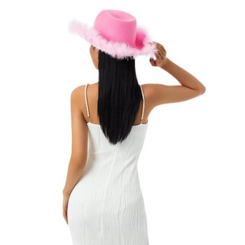 Καπέλο καουμπόη για πάρτι για γυναίκες Καπέλο καουμπόισσας με ροζ φτερό Boa αφράτο φτερό γείσο Μέγεθος για ενήλικες Καπέλο καουμπόι για παιχνίδι Στολή