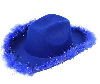 Pălărie de cowboy de petrecere pentru femei Pălărie de cowboy cu boa roz cu pene cu boruri pufoase din pene, mărime adult, pălărie de cowboy, costum de joacă