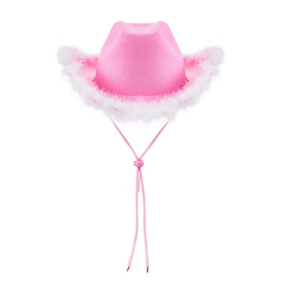 Pălărie de cowboy de petrecere pentru femei Pălărie de cowboy cu boa roz cu pene cu boruri pufoase din pene, mărime adult, pălărie de cowboy, costum de joacă