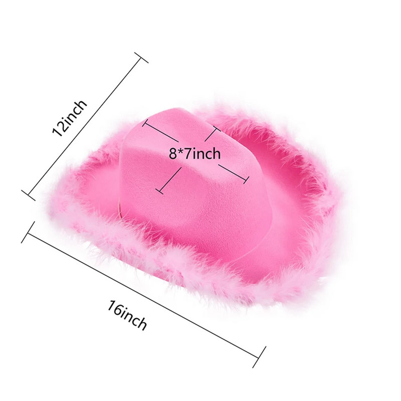 Pălărie de cowboy de petrecere pentru femei Pălărie de cowboy cu boa roz cu pene cu boruri pufoase din pene, mărime adult, pălărie de cowboy, costum de joacă