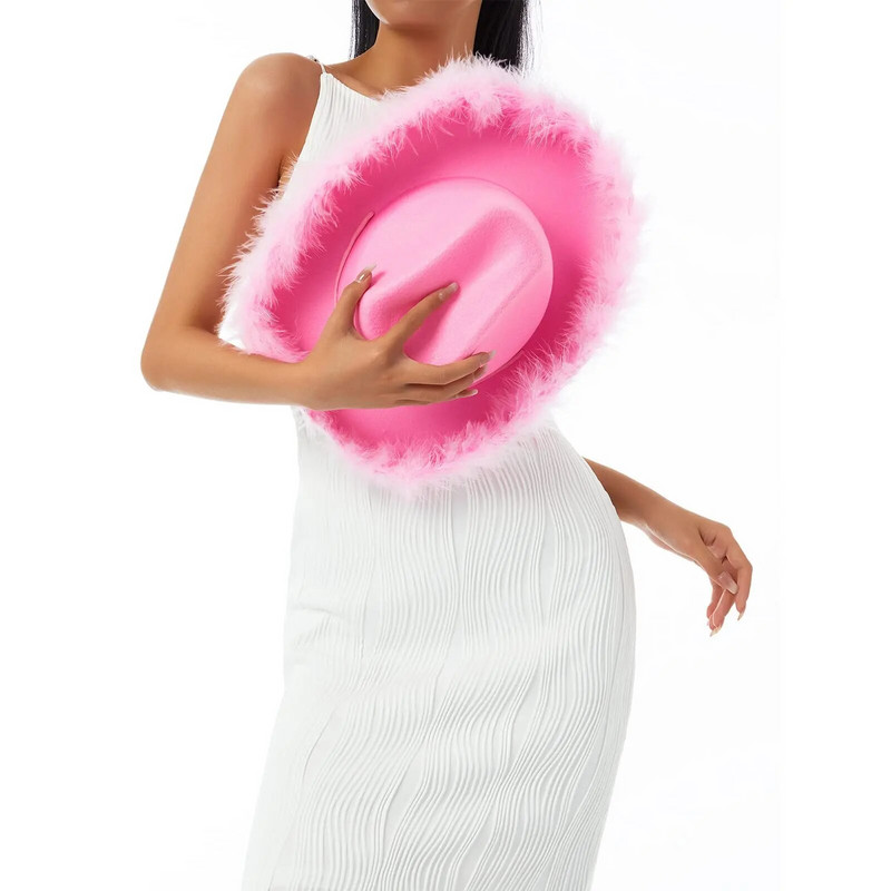 Pălărie de cowboy de petrecere pentru femei Pălărie de cowboy cu boa roz cu pene cu boruri pufoase din pene, mărime adult, pălărie de cowboy, costum de joacă