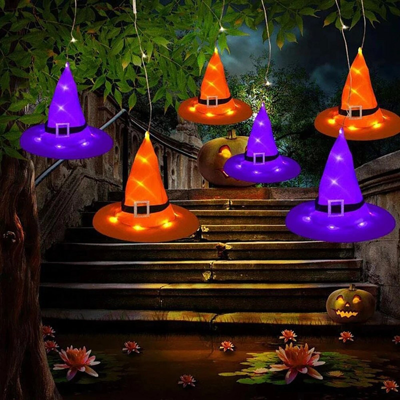 Ragyogó Halloween-dísz Boszorkánykalap LED-es lámpák Halloween gyerekeknek Party dekorációs kellékek kültéri fára függő díszek barkácsolás