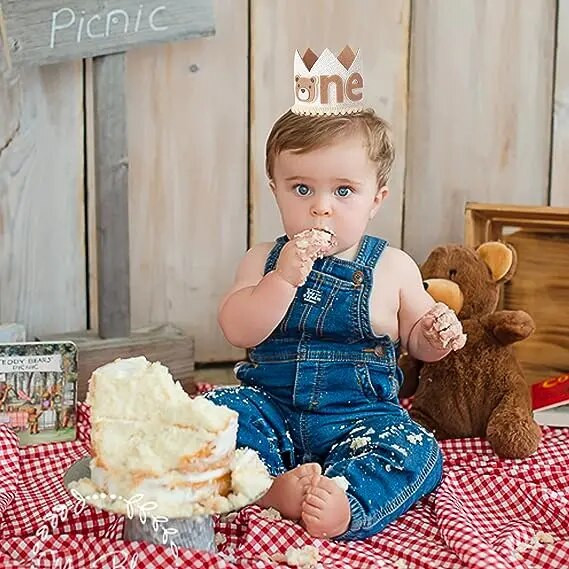 Gimtadienio karūnos kepurė Meškiukas Liūtas Crown Baby gimtadienio kepurė, skirta 1-ojo gimtadienio dekoravimui berniuko ar mergaitės vakarėlio reikmenys