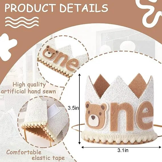 Gimtadienio karūnos kepurė Meškiukas Liūtas Crown Baby gimtadienio kepurė, skirta 1-ojo gimtadienio dekoravimui berniuko ar mergaitės vakarėlio reikmenys