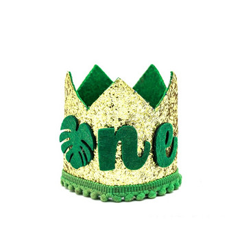 Wild One 1st Честит рожден ден шапка лента за глава зелени палмови листа една детска парти корона лента за коса 1 година стари рожден ден декорация