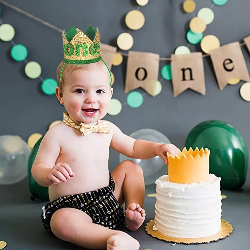 Wild One 1st Happy Birthday pălărie Bandă pentru cap Frunze de palmier verde o Bentita de păr Coroană pentru petrecere de 1 an Decor petrecere de aniversare