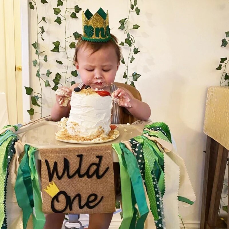 Wild One 1st Happy Birthday pălărie Bandă pentru cap Frunze de palmier verde o Bentita de păr Coroană pentru petrecere de 1 an Decor petrecere de aniversare