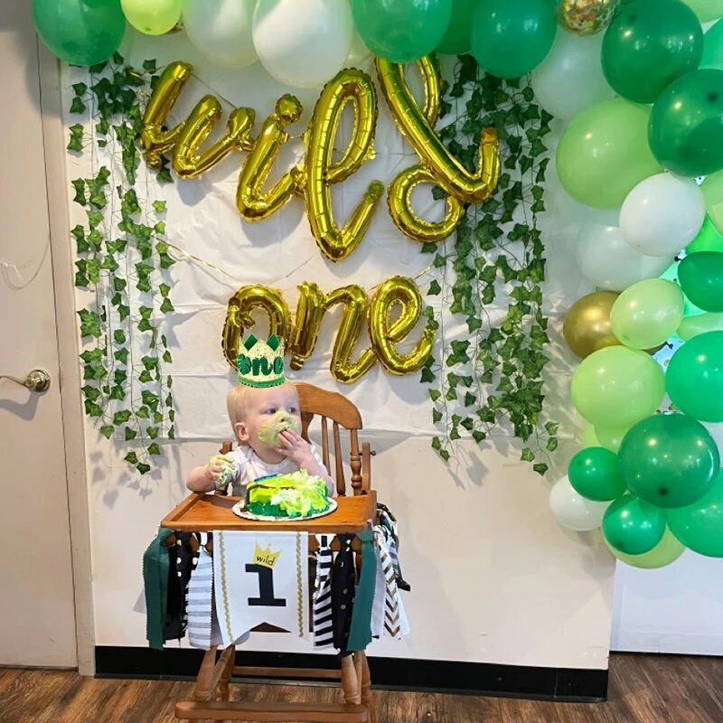 Wild One 1st Happy Birthday pălărie Bandă pentru cap Frunze de palmier verde o Bentita de păr Coroană pentru petrecere de 1 an Decor petrecere de aniversare