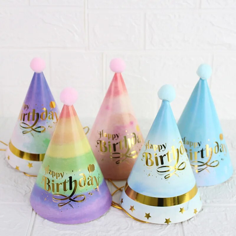 5 ks papierových kužeľových narodeninových klobúkov, obliekanie pre dievčatá, chlapcov, prvú narodeninovú oslavu, farebné pruhované klobúky, párty dekorácie pre dospelých a deti