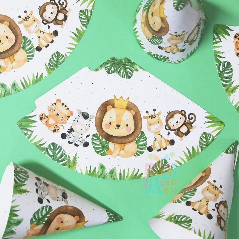 6 ks narodeninových čiapok, papierových čiapok pre deti, narodeninových dekorácií, džungle, zvierat, morskej panny, motýľov, nálepiek na fľaše s vodou