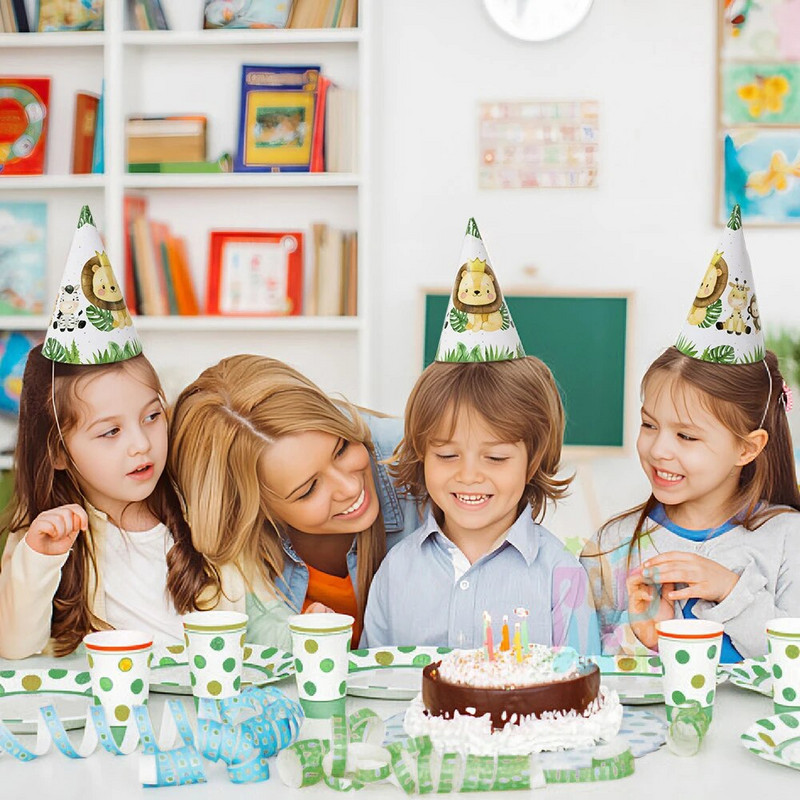 6 ks narodeninových čiapok, papierových čiapok pre deti, narodeninových dekorácií, džungle, zvierat, morskej panny, motýľov, nálepiek na fľaše s vodou