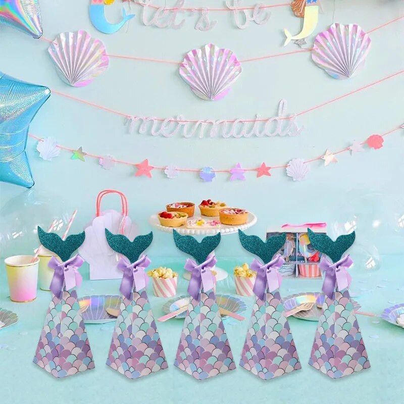 5 gab. Mermaid Tail Paper Candy Box Dāvanu iepakojuma maisiņš Popkorns Kastes Bērniem Iepriecina Nāras dzimšanas dienas Bērnu dušas ballīte DIY Dekorācija