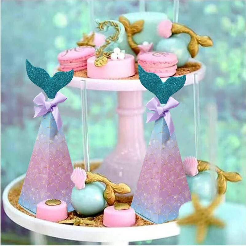 5 gab. Mermaid Tail Paper Candy Box Dāvanu iepakojuma maisiņš Popkorns Kastes Bērniem Iepriecina Nāras dzimšanas dienas Bērnu dušas ballīte DIY Dekorācija
