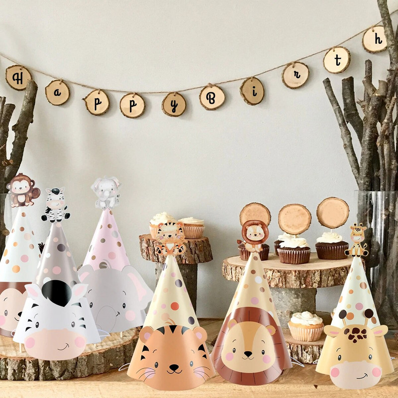 Papierový klobúk s motívom zvierat z džungle, DIY, dekorácia na narodeninovú párty s motívom zvierat z džungle, safari zvierat, detská dekorácia na Deň detí, potreby na detskú oslavu