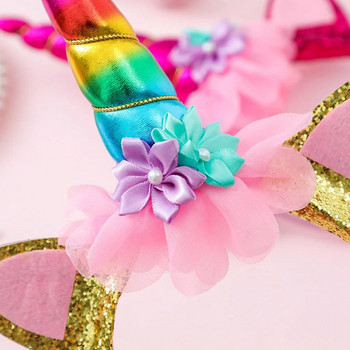 Rainbow Unicorn лента за коса с дантелена мрежеста шапка с цветя Честит еднорог Декор за парти за рожден ден Момиче Favor Аксесоар за шапка на принцеса