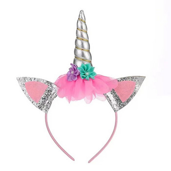 Rainbow Unicorn лента за коса с дантелена мрежеста шапка с цветя Честит еднорог Декор за парти за рожден ден Момиче Favor Аксесоар за шапка на принцеса