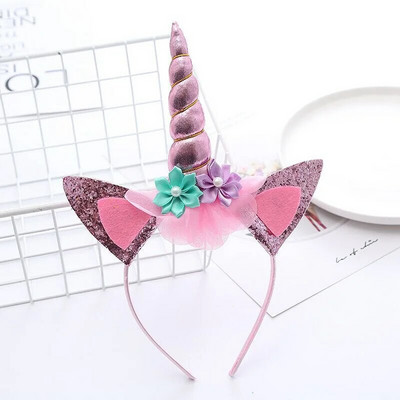 Vaivorykštės vienaragio plaukų juosta nėrinių tinklelio gėlėmis galvos apdangalai Linksmo vienaragio gimtadienio vakarėlio dekoras Mergaitės favoritas Princesės galvos suknelės aksesuaras