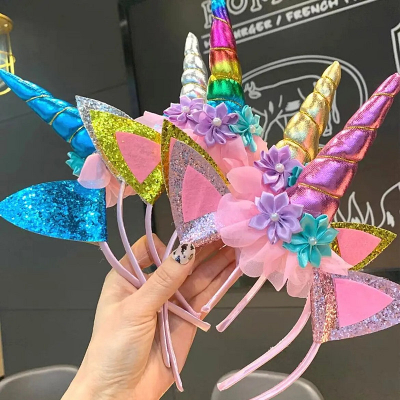 Vaivorykštės vienaragio plaukų juosta nėrinių tinklelio gėlėmis galvos apdangalai Linksmo vienaragio gimtadienio vakarėlio dekoras Mergaitės favoritas Princesės galvos suknelės aksesuaras