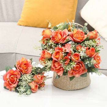 Копринени симулационни цветя, букет от рози близнаци, фалшиви цветя, сватбен декор, изкуствена лилава роза, флорална декорация на ресторант, растение