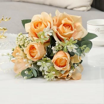 Копринени симулационни цветя, букет от рози близнаци, фалшиви цветя, сватбен декор, изкуствена лилава роза, флорална декорация на ресторант, растение