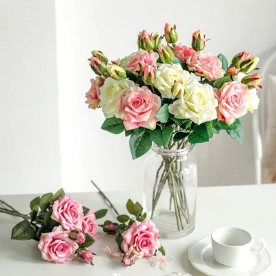 Изкуствени цветя Големи копринени рози НОВО Красива клонова ваза за домашна сватбена украса Ретро есенни фалшиви растения Коледен декор