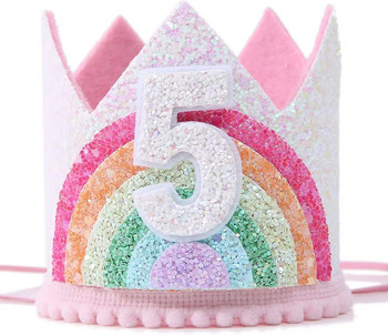 Филц Rainbow Princess Girl Birthday Crown 1st 2nd 3rd Happy Birthday Party Decor Kid Girl Rainbow Unicorn Birthday Hat Babyshoer