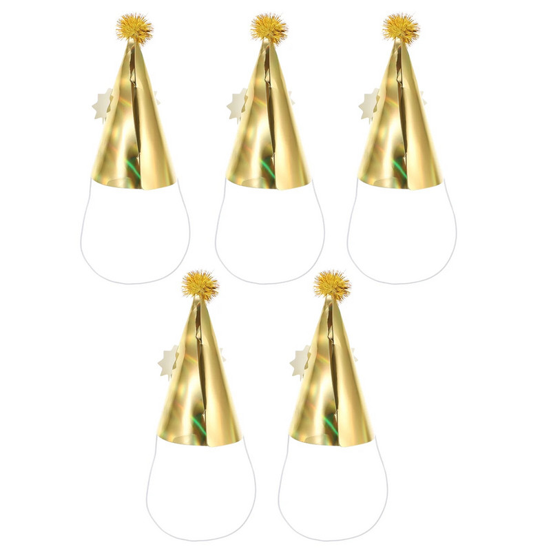 5 vnt Auksinės gimtadienio šventės kūgio kepurės su Pom Pom gimtadienio kepuraitės galvos apdangalo rinkinys, skirtas vaikų gimtadienio vakarėliui Favors Shower Party