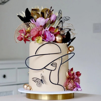 Line Acrylic Birthday Gold Cake Topper Abstract Minimalist Mnimalist Character Art For Woman Birthday Party Cake Decorations