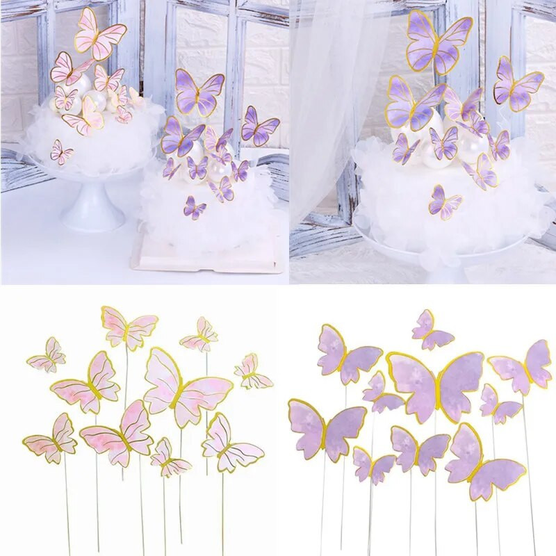 10 vnt purpurinės rožinės spalvos drugelio torto puošmena Happy Birthday torto viršelis, rankų darbo dažytas vestuvių gimtadienio vakarėliui Baby Shower