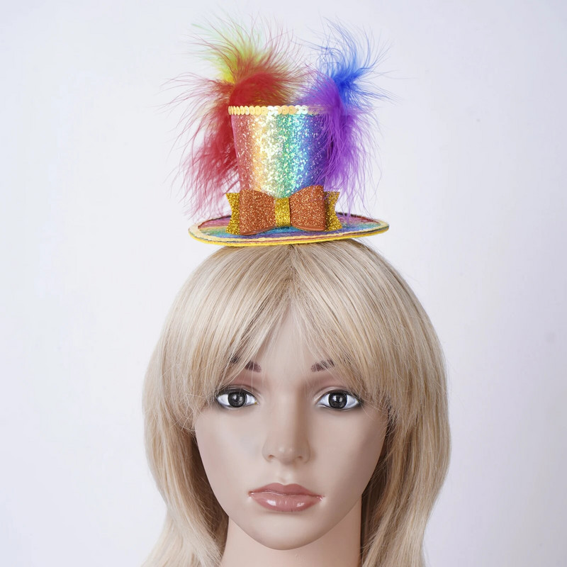 Peomüts Gradient lilla silindrimüts Peapael Halloween Cosplay kokteil Teepeomüts Sädelevad litrid vibu suled Fedorase müts